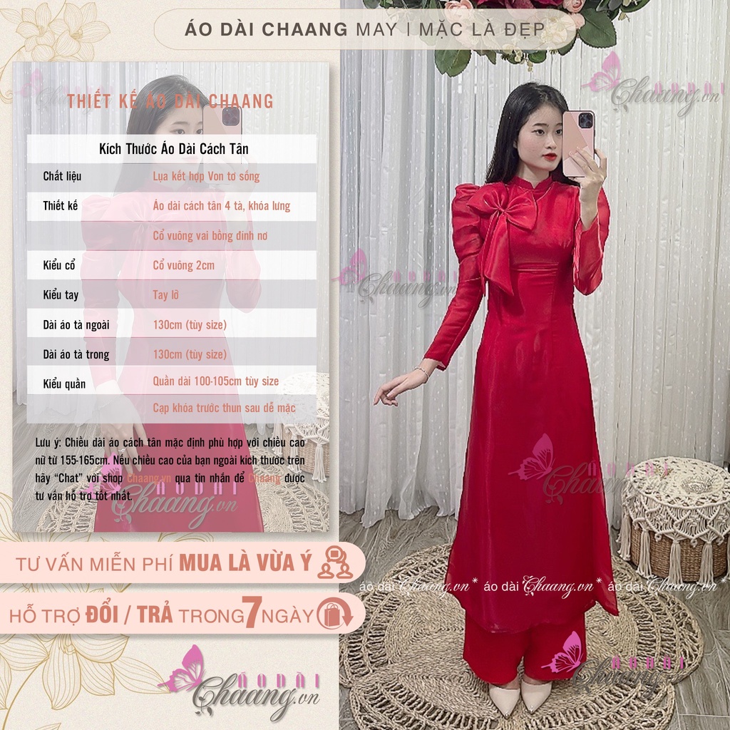 Áo Dài Cách Tân Nữ Đính Nơ Tơ Óng Trên Ngực CHAANG May Sẵn 4 Tà Tay Bồng Lỡ Đẹp
