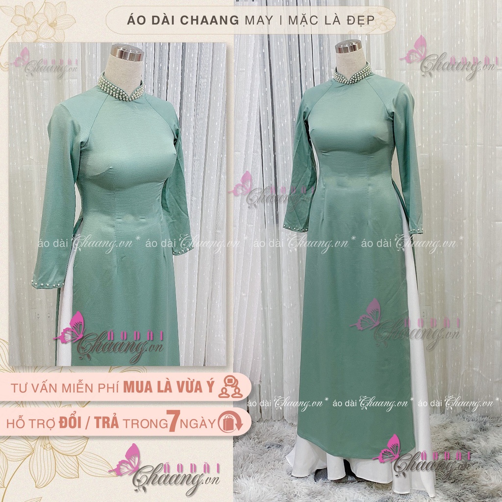 Áo Dài Lụa Xanh Đính Đá Ngọc Đẹp May Sẵn Lua Tây Thi Đẹp ADX021