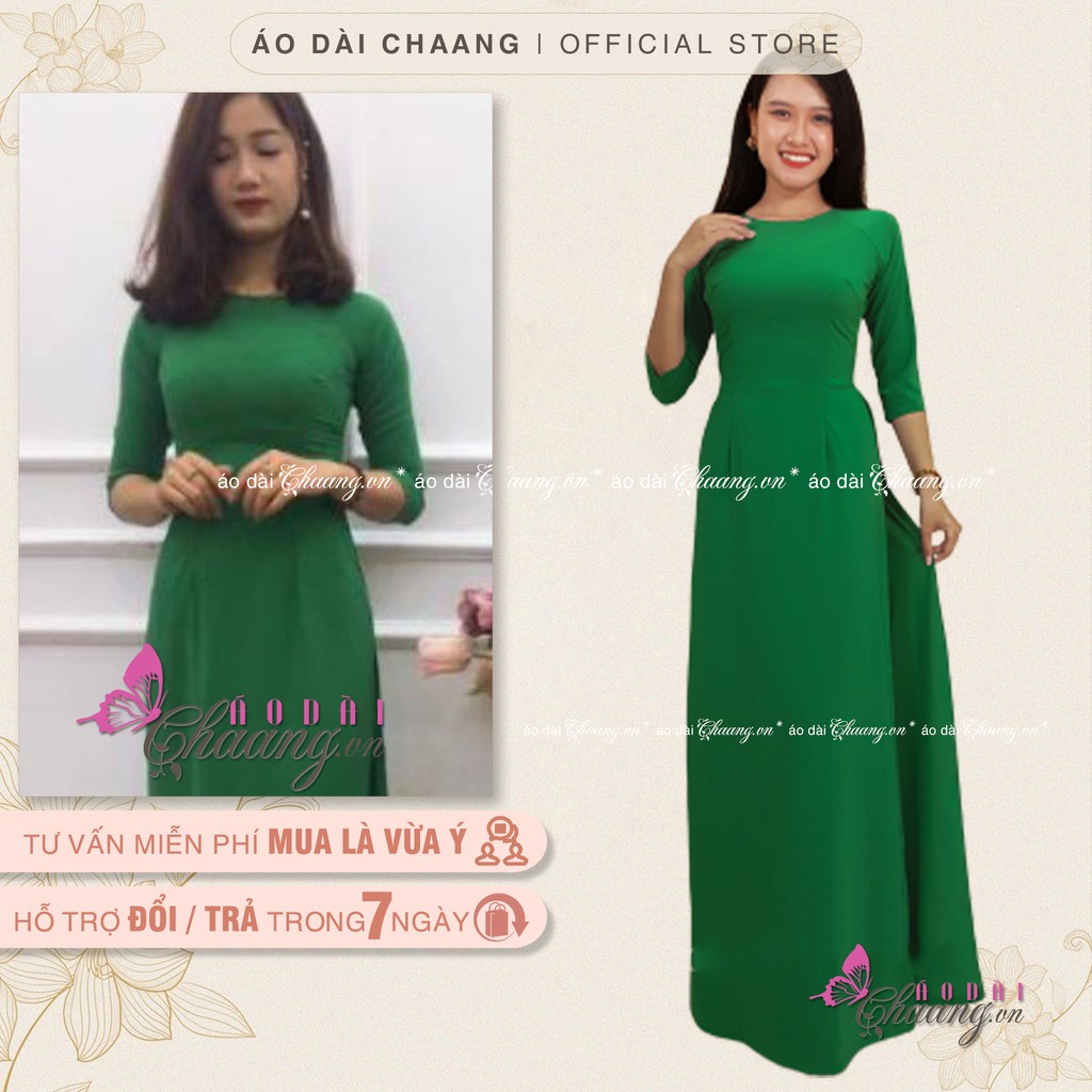 Áo dài xanh lá cổ tròn CHAANG May sẵn dáng truyền thống, vải lụa tay lỡ