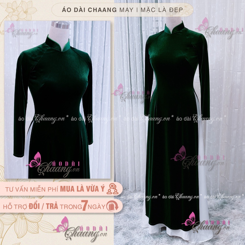 Áo dài xanh vải nhung Chaang May sẵn vải áo dài tay co giãn truyền thống mặc dự tiệc lễ tết đẹp