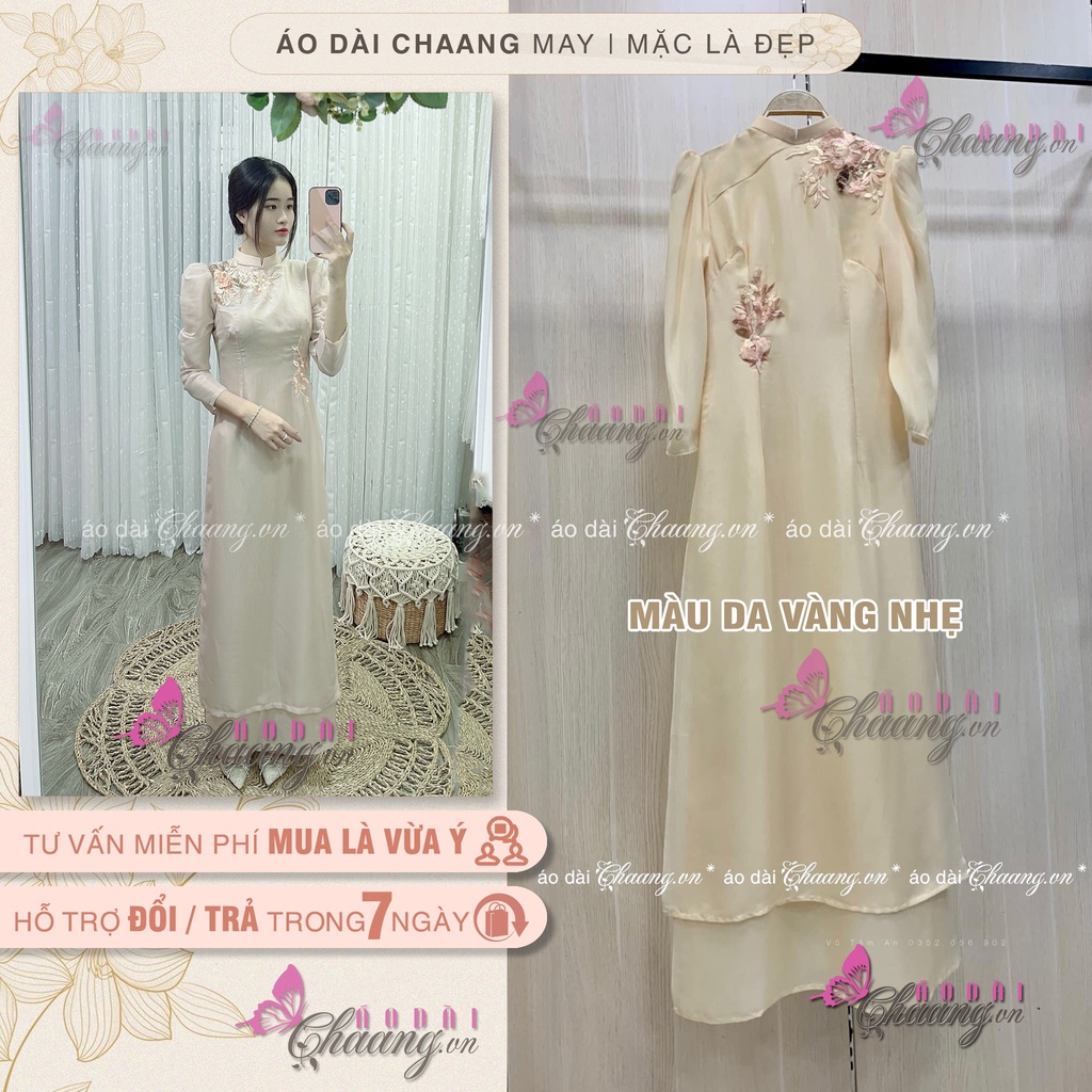Áo Dài Cách Tân Nữ Thiết Kế Tay Bồng Lụa Tơ Hồng Da Nude Be 4 Tà Ren Hoa Cao Cấp Dự Tiệc Lễ Tết Đẹp