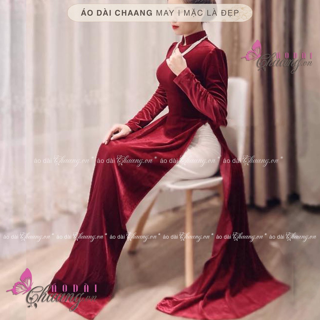 Áo dài nhung đỏ đô CHAANG May sẵn áo dài cổ vuông hở tay phồng đẹp, vải truyền thống cao cấp