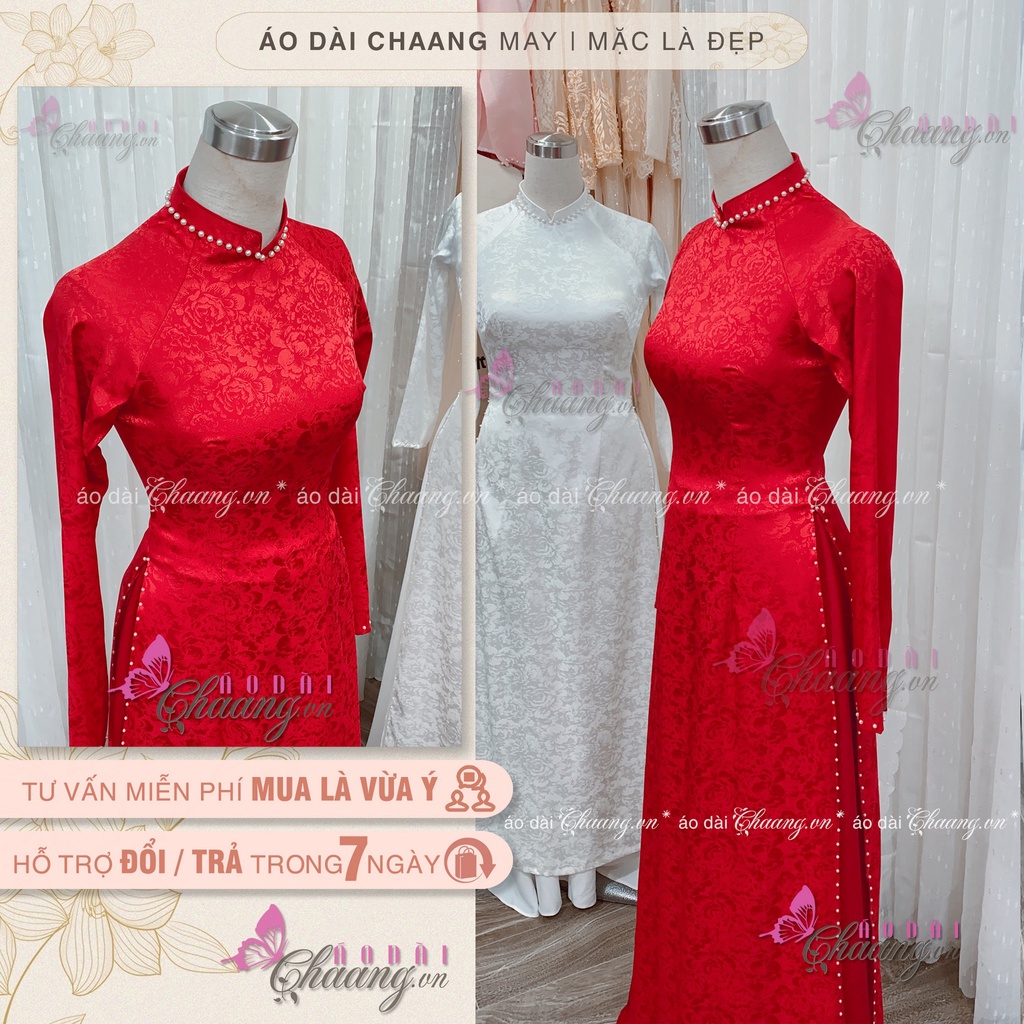 Áo dài gấm tơ hoa hồng cao cấp may sẵn áo dài truyền thống dự tiệc đẹp