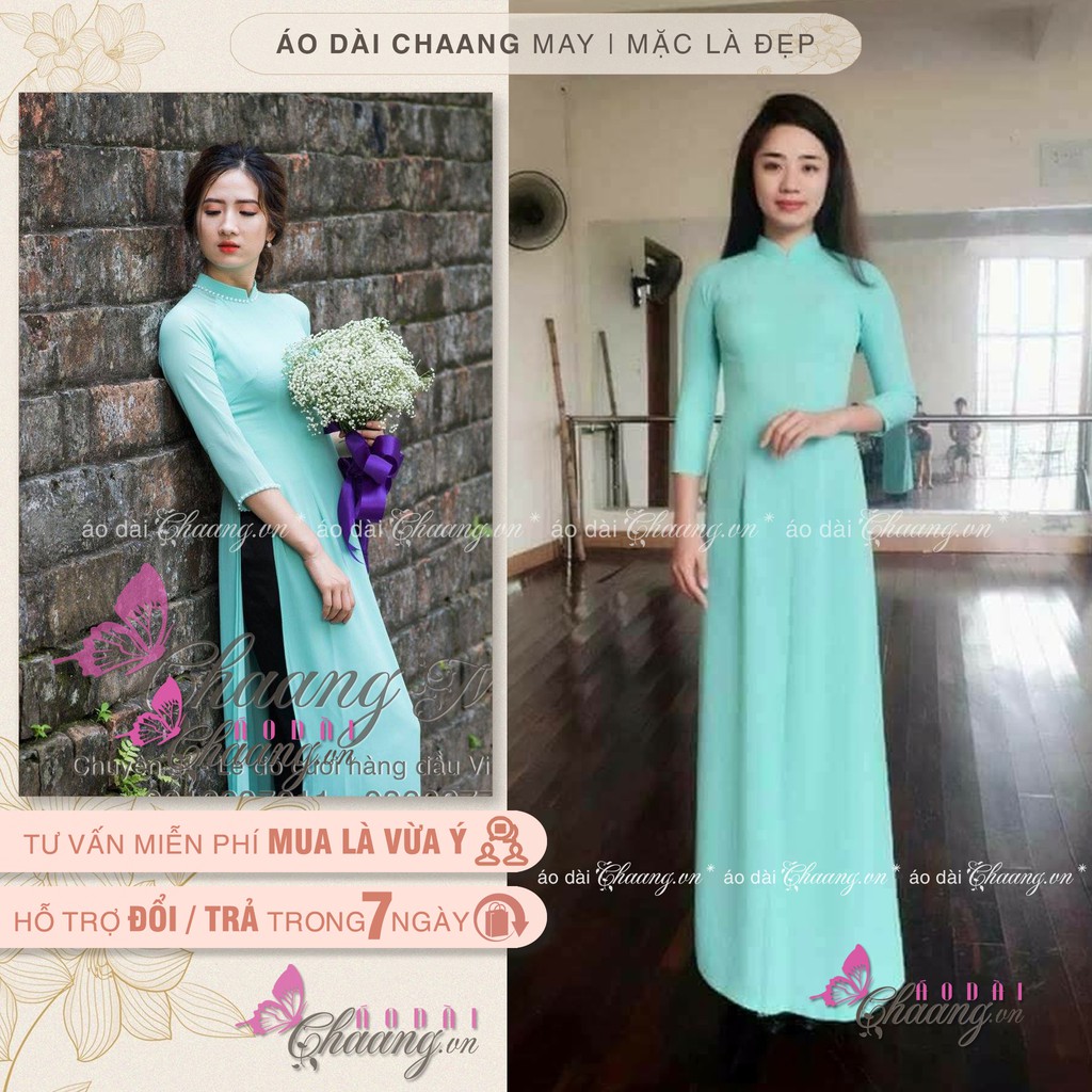 Áo dài xanh ngọc Chaang may sẵn áo dài lụa tằm truyền thống cổ vuông tay lỡ dự tiệc lễ tết đẹp