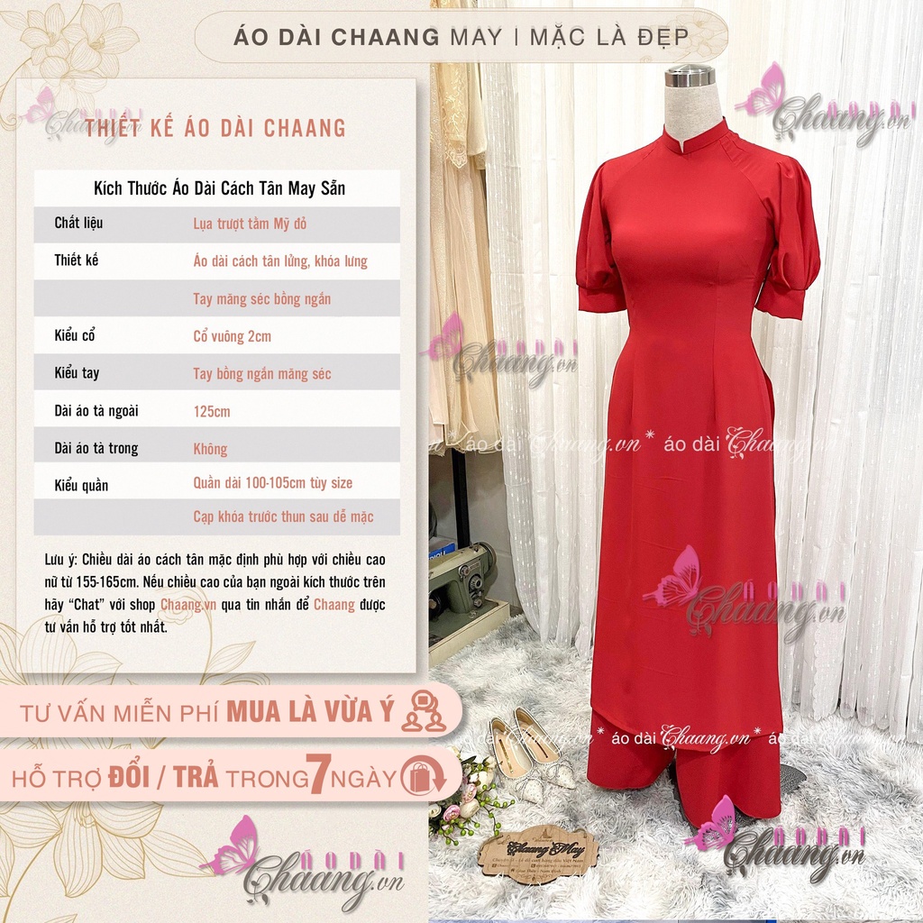 Áo Dài Cách Tân Nữ Đỏ Xinh Thiết Kế Tay Bồng Măng Séc Nổi Bật Dự Tiệc Lễ Tết Đẹp