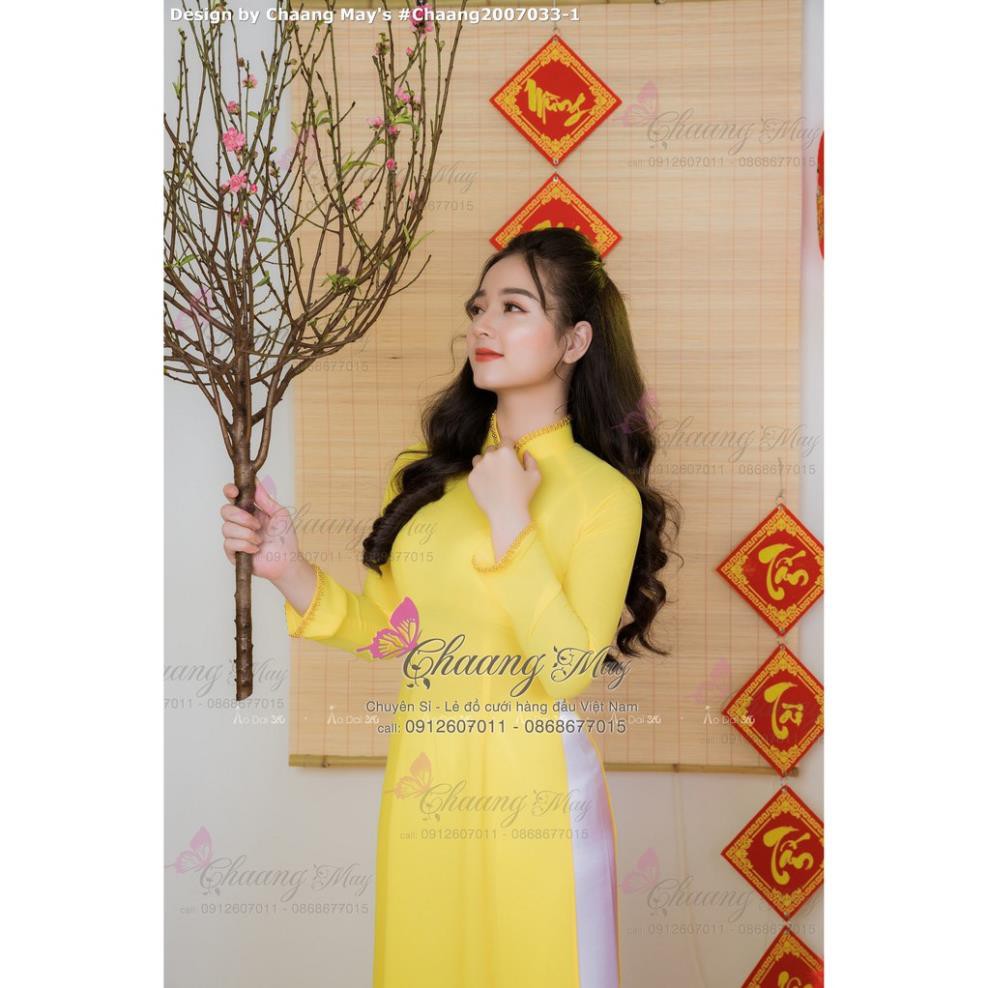 Áo dài vàng đính đá pha lê Chaang may sẵn vải áo dài truyền thống dự tiệc lễ tết đẹp