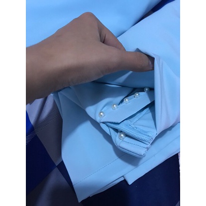 Áo Dài Xanh Biển Đính Ngọc Cổ Tay Cao Cấp Vải Lụa Đẹp Co Giãn Tốt May Sẵn