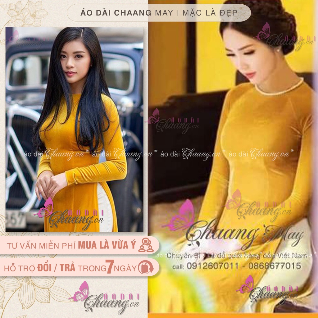 Áo Dài Nhung Vàng Mơ Mù Tạc May Sẵn Cổ Tròn Truyền Thống Vải Đẹp Co Giãn 4 Chiều