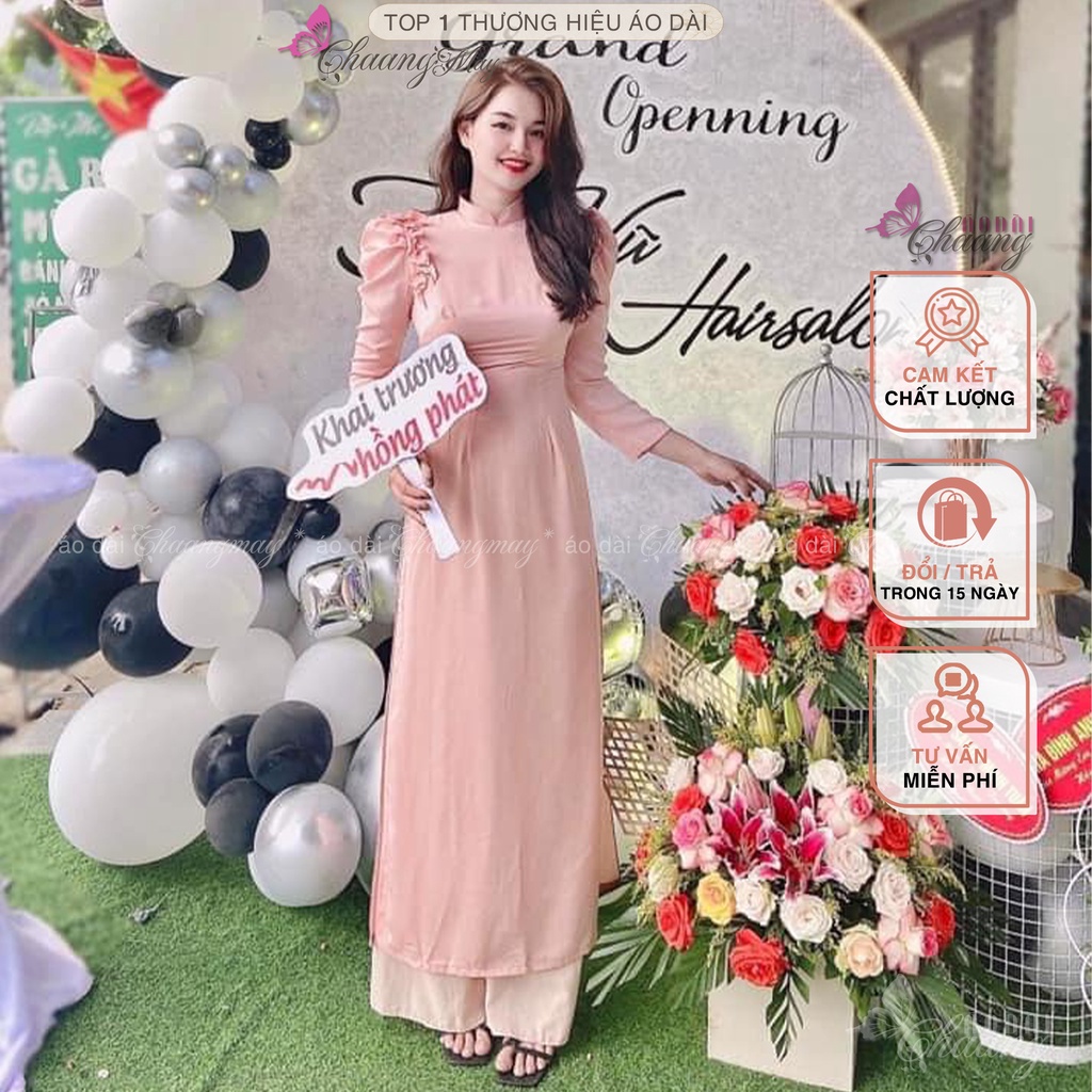 Áo dài truyền thống tay vai bồng phồn glá hoa hồng CHAANG May sẵn lụa ngọc Minh Hằng dự tiệc cưới lễ tết đẹp