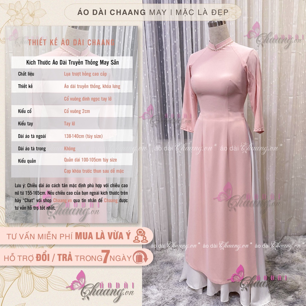 Áo dài truyền thống màu hồng Chaang May sẵn kiểu áo cổ vuông tay lỡ vải lụa tằm dự tiệc lễ tết đẹp