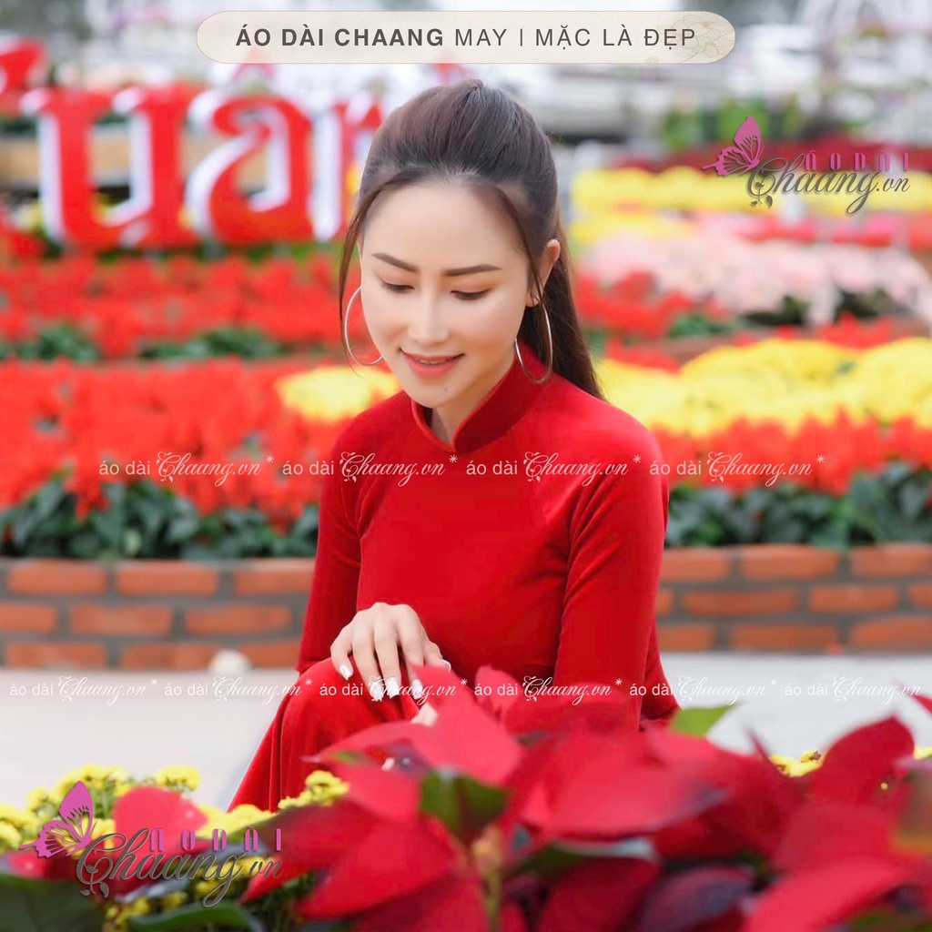 Áo dài nhung đỏ Chaang may sẵn vải áo dài truyền thống co giãn dễ mặc dự tiệc lễ tết đẹp