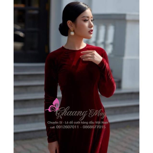 Áo dài nhung cổ tròn Chaang May sẵn áo dài vải đỏ đô đẹp sang trọng