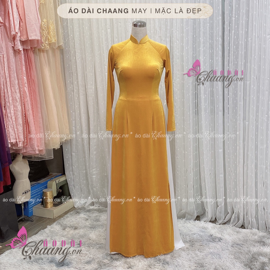 Áo Dài Truyền Thống Nhung Pháp Cao Cấp May Sẵn Màu Vàng Mơ Mù Tạc Co Giãn Đẹp AN18
