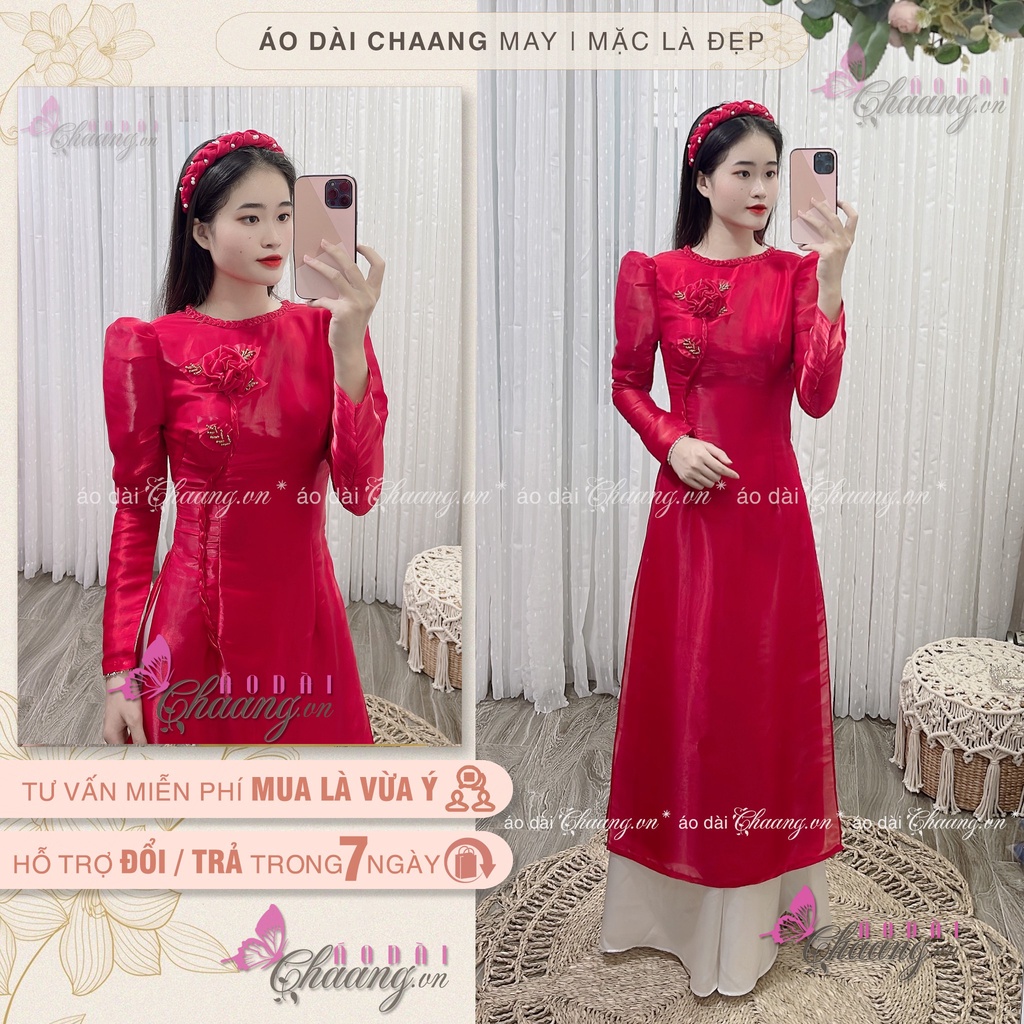 Áo Dài Cách Tân Nữ Cao Cấp May Sẵn Tay Bồng Lụa Tơ 4 Tà Cổ Tròn Kết Hoa Thủ Công Phù Hợp Dự Tiệc Lễ Tết Đẹp