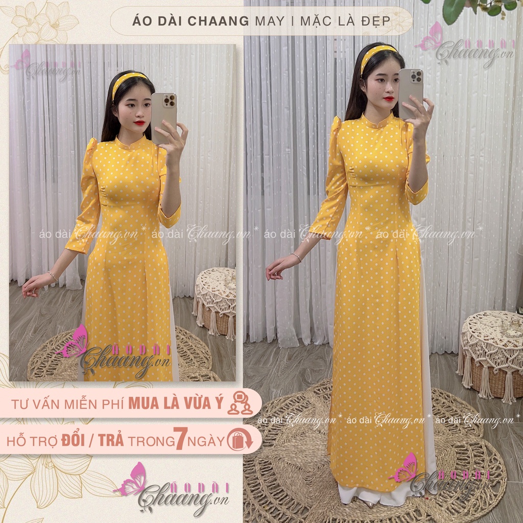 Áo Dài Truyền Thống Chấm Bi Vàng Vai Bồng May Sẵn Lụa Thái Cổ Vuông Đẹp ChaangBi08