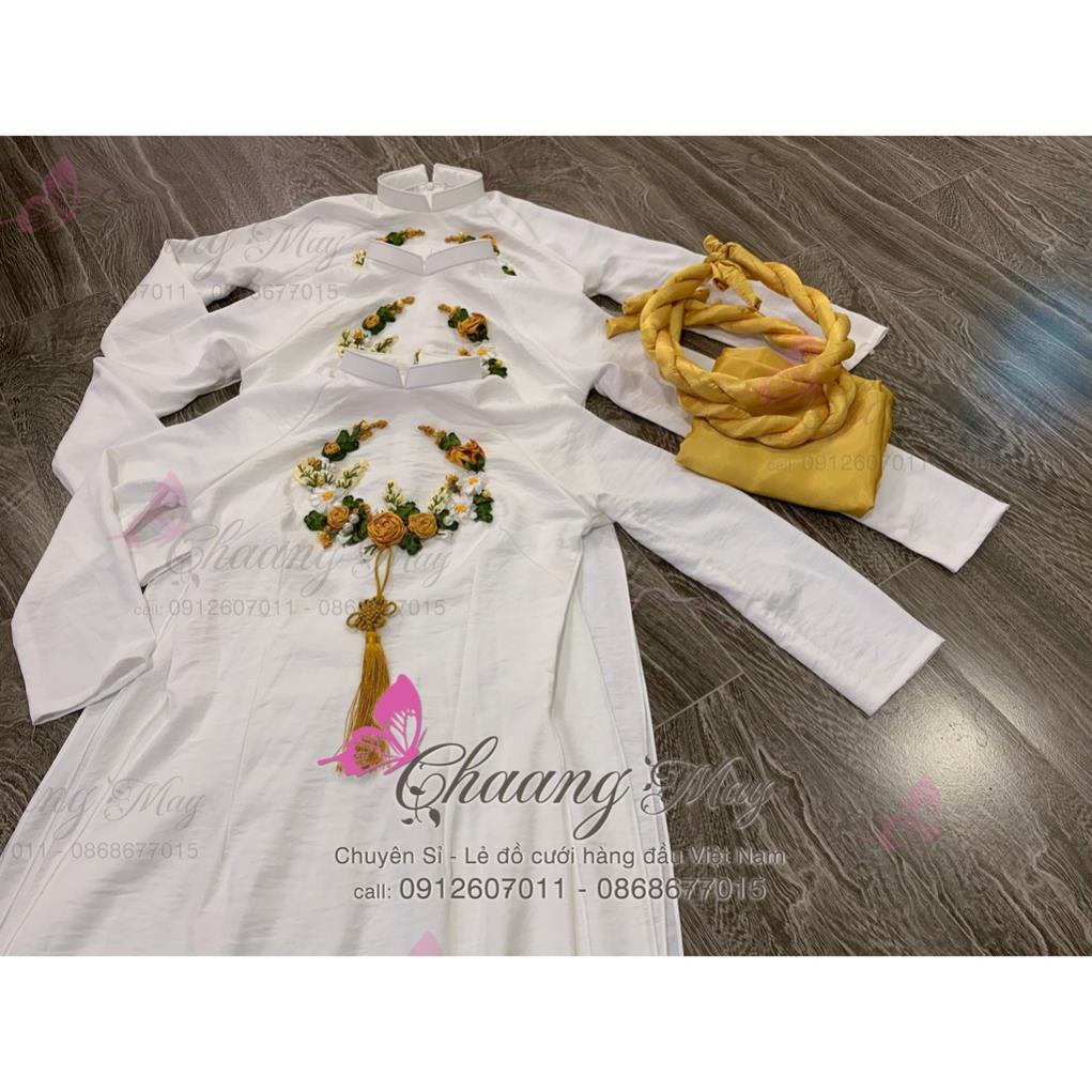 Áo dài vàng đồng Chaang May thiết kế vải áo dài lụa truyền thống đính hoa ruy băng dự tiệc lễ tết đẹp