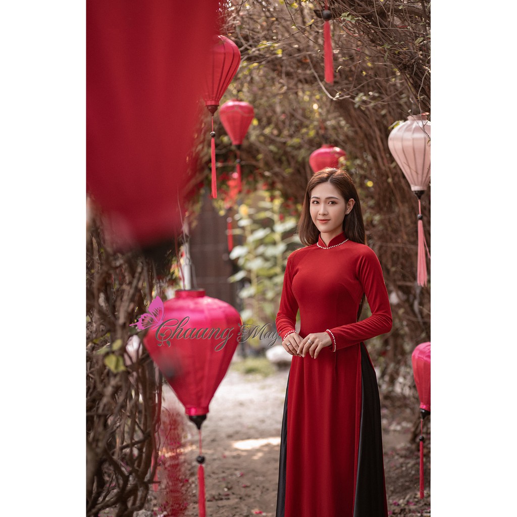 Áo dài nhung đính đá ngọc CHAANG May sẵn Áo dài truyền thống sang trọng, vải co giãn đẹp