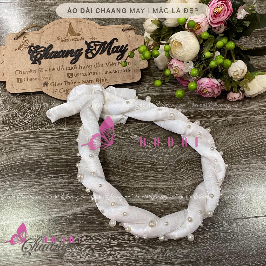 Mấn nhung đội đầu áo dài cách tân nữ truyền thống CHAANG may thiết kế chụp hình dự tiệc cưới lễ tết đẹp ADC924