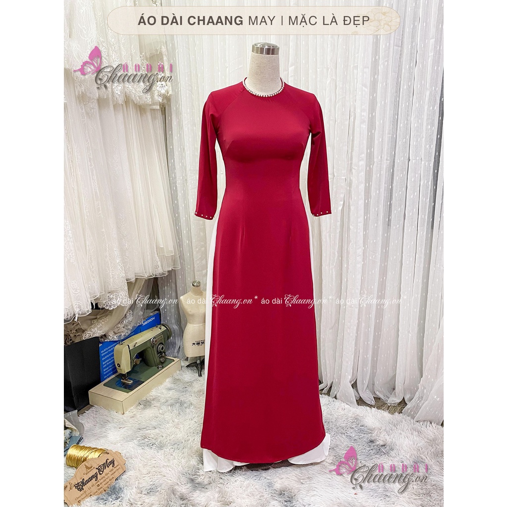 Áo dài đỏ đô cổ tròn CHAANG May sẵn kiểu tay lỡ đính đá ngọc, vải lụa co giãn