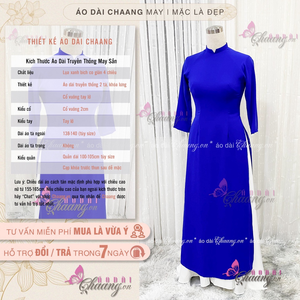 Áo dài xanh coban Chaang May sẵn áo cổ vuông tay lỡ, vải lụa xanh bích