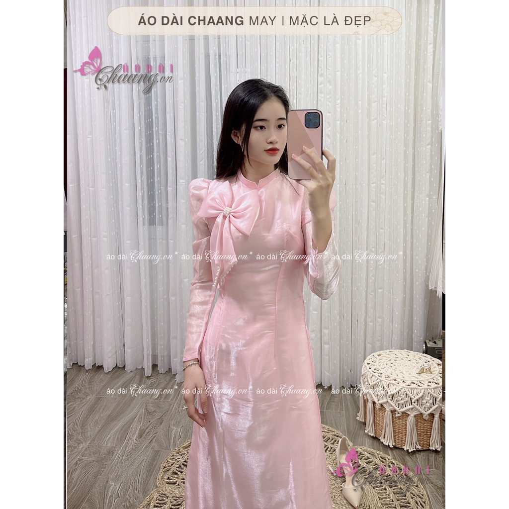 Áo Dài Cách Tân Nữ Đính Nơ Tơ Óng Trên Ngực CHAANG May Sẵn 4 Tà Tay Bồng Lỡ Đẹp
