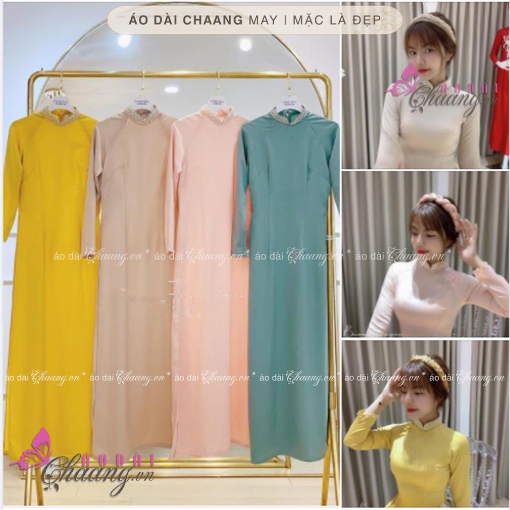 Áo Dài Truyền Thống Hồng Dâu Cổ Đính Phủ Ngọc Cao Cấp Lụa Tây Thi Đẹp DN021