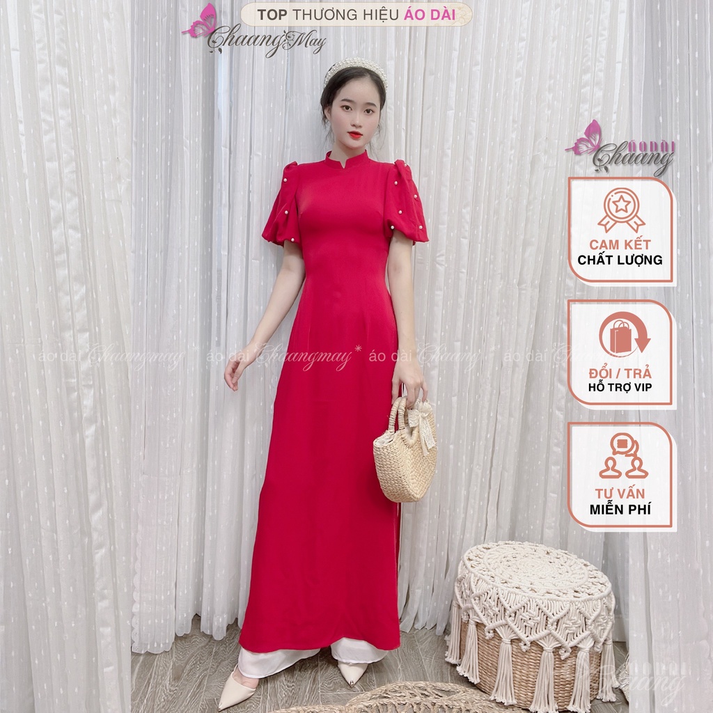 Áo dài cách tân nữ tay bồng đính ngọc Chaang May sẵn lụa Mỹ vai phồng xinh dự tiệc lễ tết đẹp