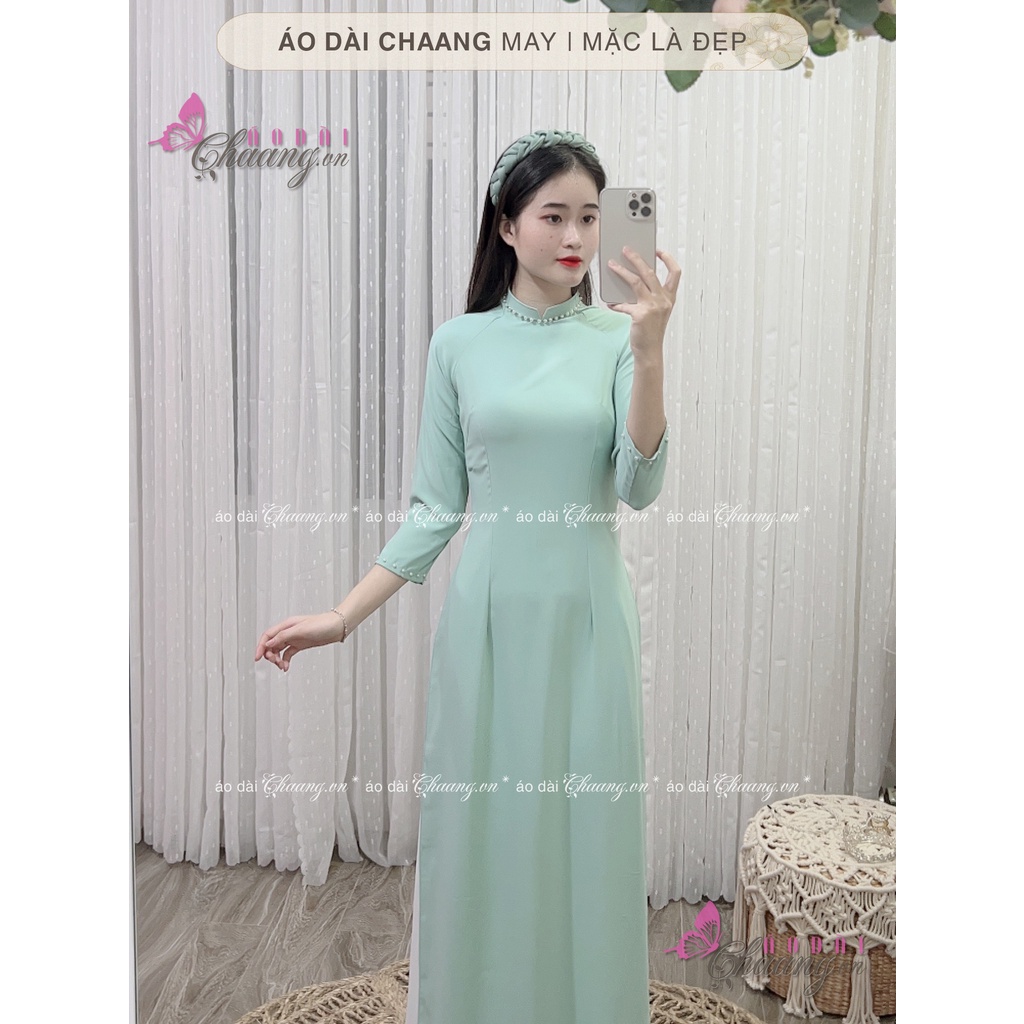 Áo dài xanh ngọc Chaang may sẵn áo dài lụa tằm truyền thống cổ vuông tay lỡ dự tiệc lễ tết đẹp