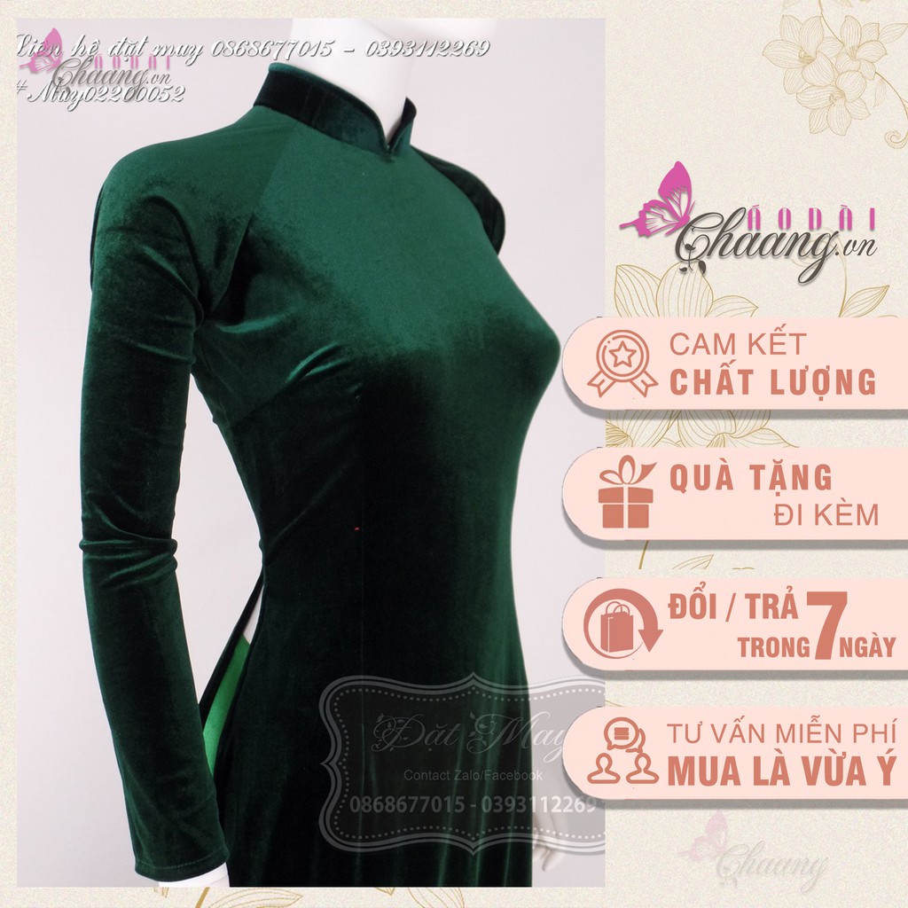 Áo dài xanh vải nhung Chaang May sẵn vải áo dài tay co giãn truyền thống mặc dự tiệc lễ tết đẹp