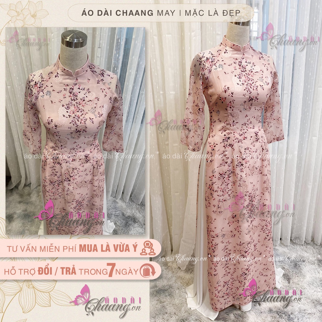 Áo Dài Hoa Nhí Hồng May Sẵn Áo Dài Truyền Thống Lụa Tơ Đẹp 2 Tà HT020