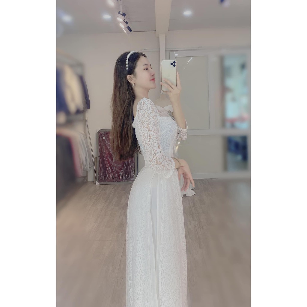 Áo Dài Đỏ Cách Tân Nữ Ren Phủ 4 Tao Cấp Cổ Voon Vuông Trễ Tay Vai Bồng Dài Dự Tiệc Lễ Tết Đẹp