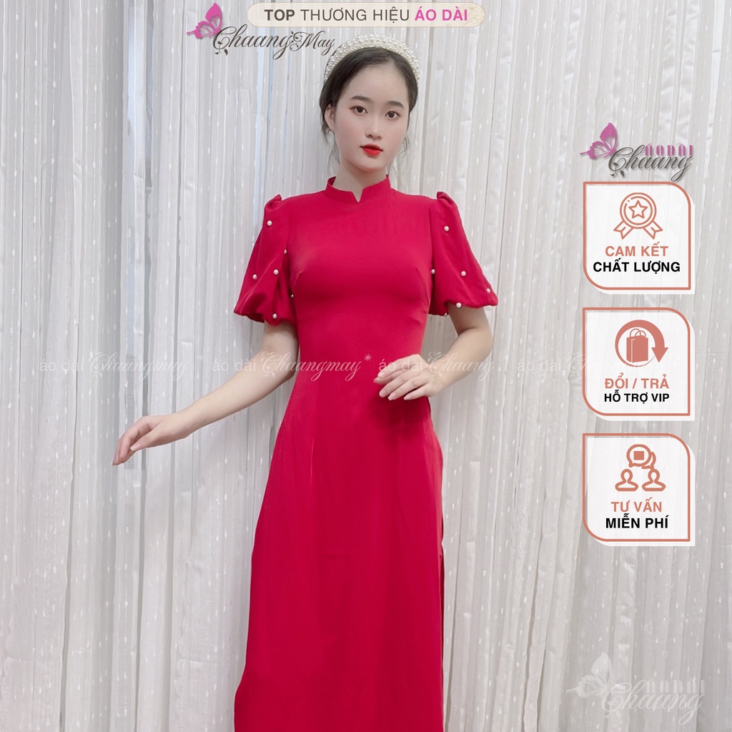 Áo dài cách tân nữ tay bồng đính ngọc Chaang May sẵn lụa Mỹ vai phồng xinh dự tiệc lễ tết đẹp