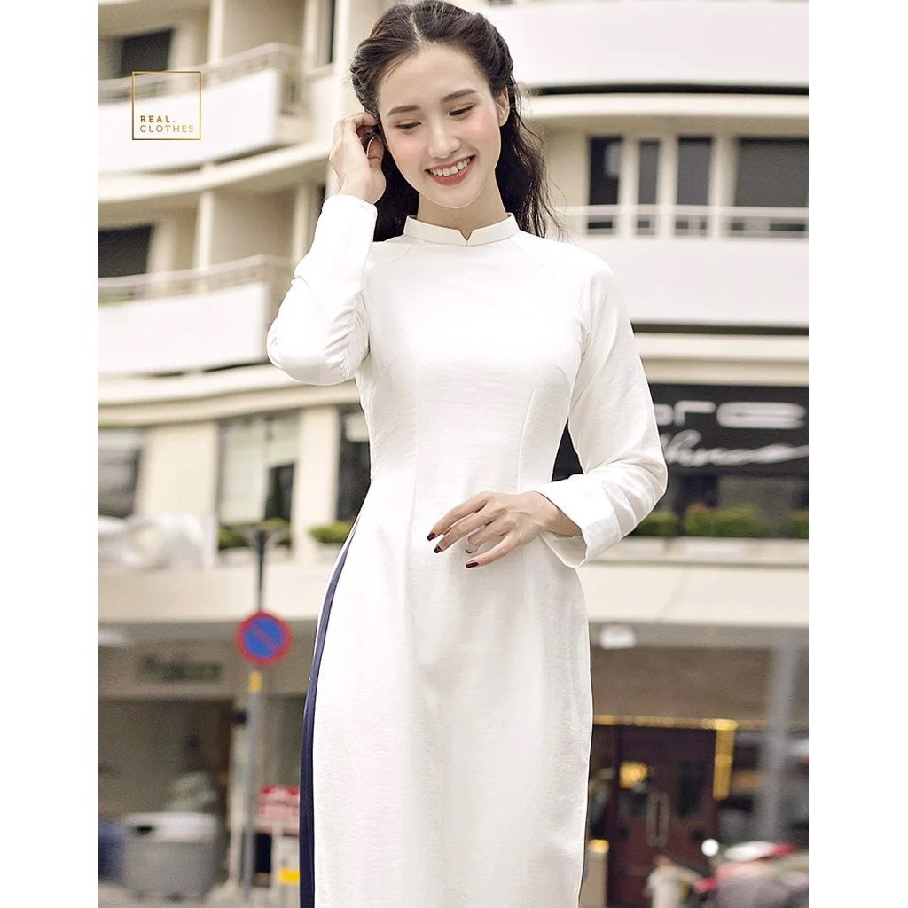 Áo dài đẹp truyền thống 4 tà may sẵn vải lụa tây thi trắng cao cấp