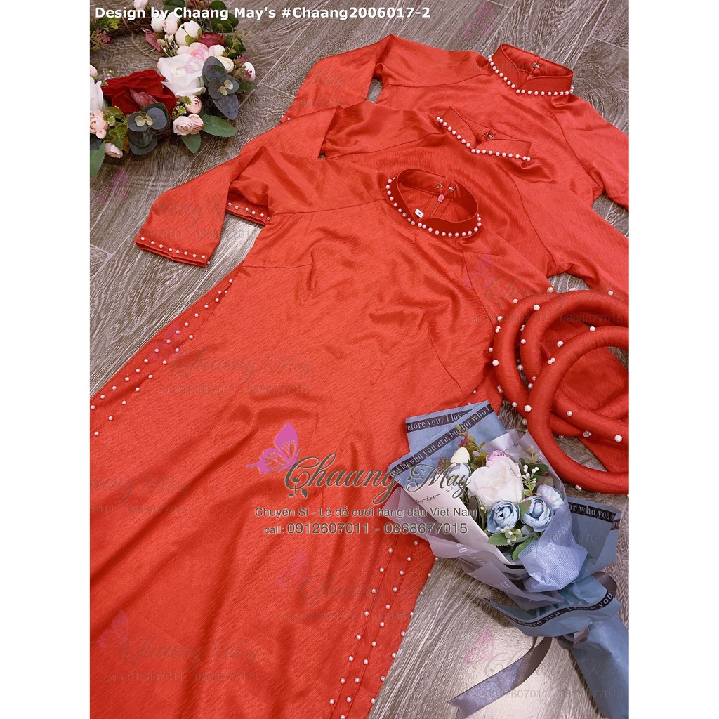 Áo Dài Truyền Thống May Sẵn Lụa Vân Gỗ Vàng Xanh Đỏ Đính Đá Ngọc Cao Cấp Dự Tiệc Lễ Tết Đẹp