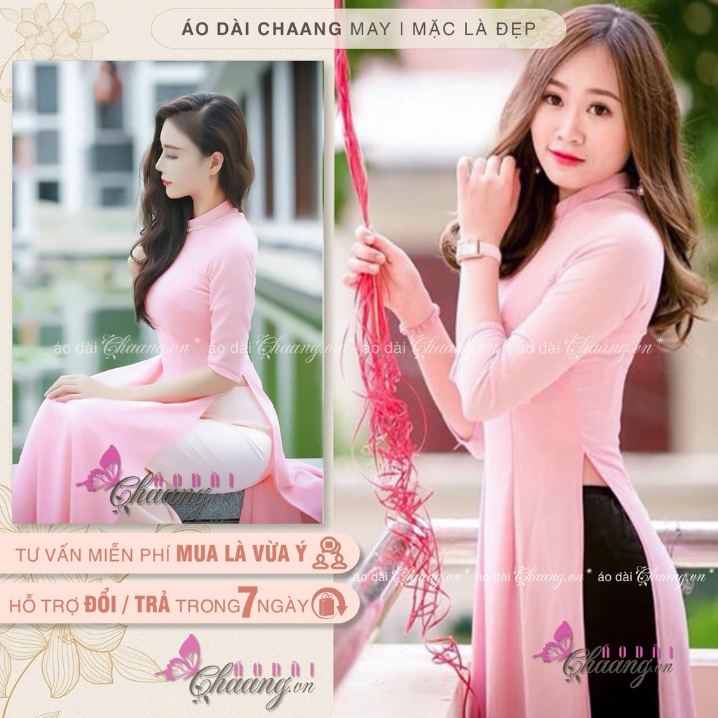 Áo Dài Hồng Phấn Truyền Thống May Sẵn Cổ Vuông Vải Lụa Co Giãn Đẹp