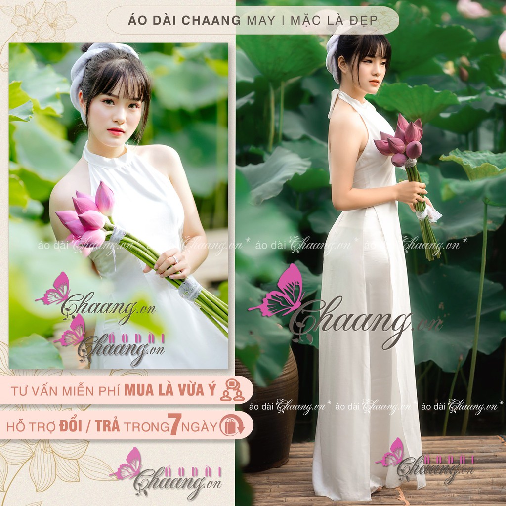 Áo dài cổ yếm đỏ khoét hở lưng CHAANG may sẵn dáng truyền thống vải lụa chụp sen dự tiệc lễ tết đẹp ADC206