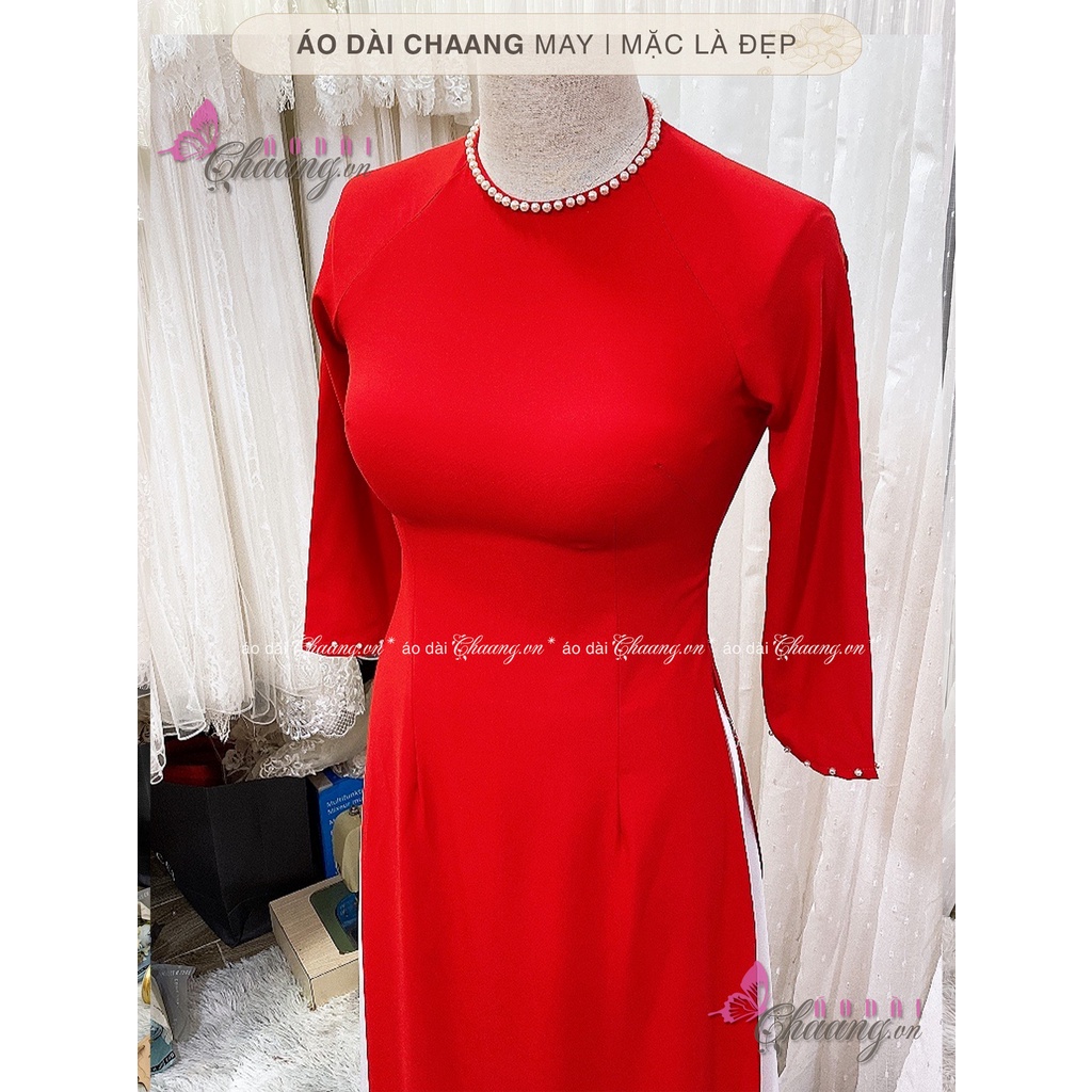 Áo dài đỏ cổ tròn CHAANG May sẵn kiểu tay lỡ viền đính đá ngọc, vải lụa đẹp