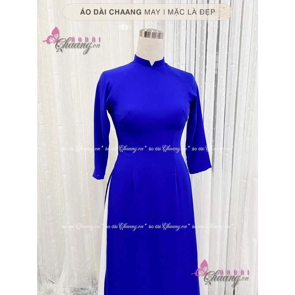 Áo dài xanh coban Chaang May sẵn áo cổ vuông tay lỡ, vải lụa xanh bích