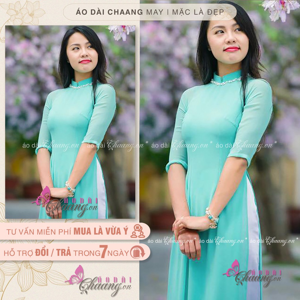 Áo Dài Lụa Xanh Ngọc Chaang Đính Đá Ngọc Zíc Zắc Cao Cấp, Cổ Vuông Tay Lỡ -  Chaang.Vn - Áo Dài Đẹp May Sẵn