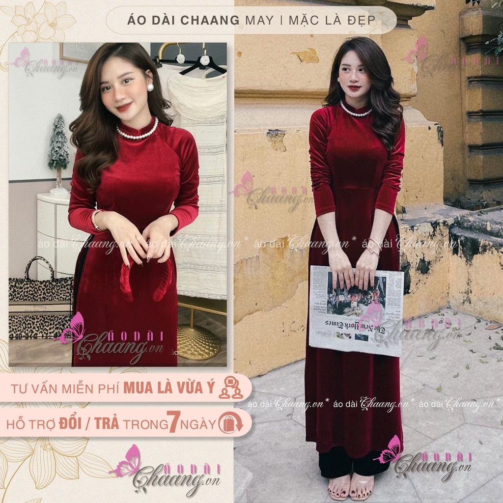 Áo Dài Nhung Truyền Thống Cổ Vuông Phong Cách Xưa Cổ Điển Mặc Dự Tiệc Lễ Tết Đẹp Sang Trọng