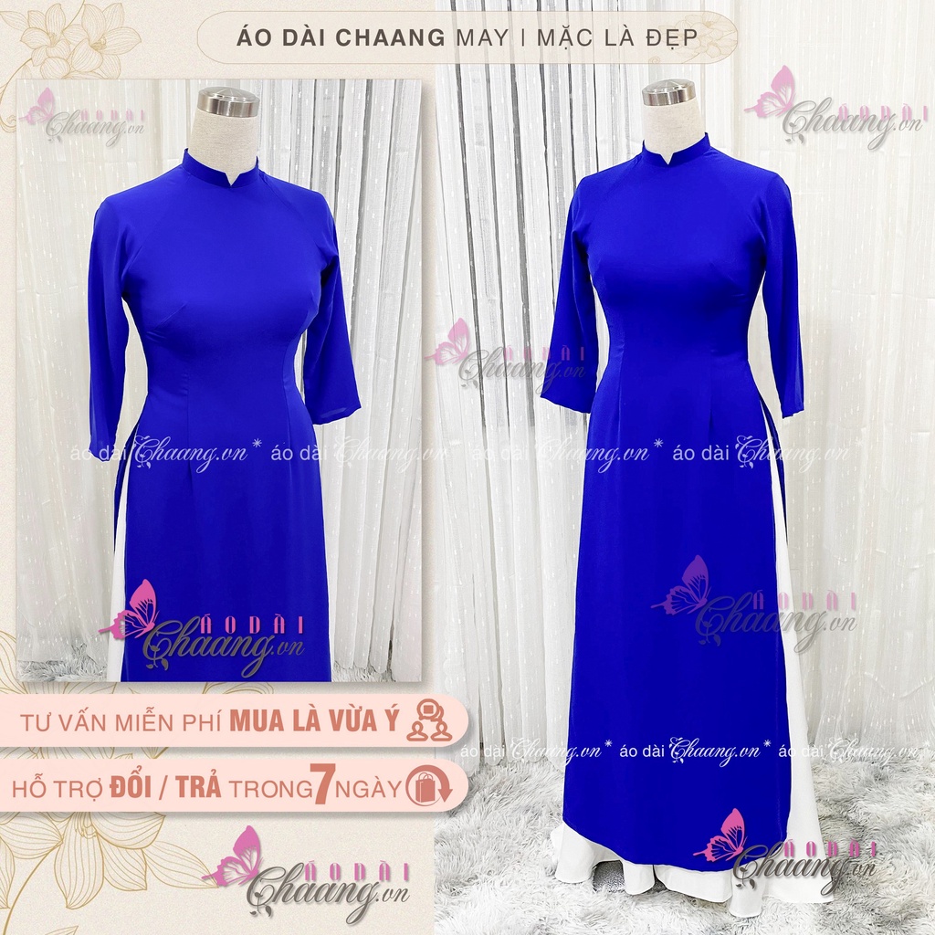 Áo dài xanh coban Chaang May sẵn áo cổ vuông tay lỡ, vải lụa xanh bích