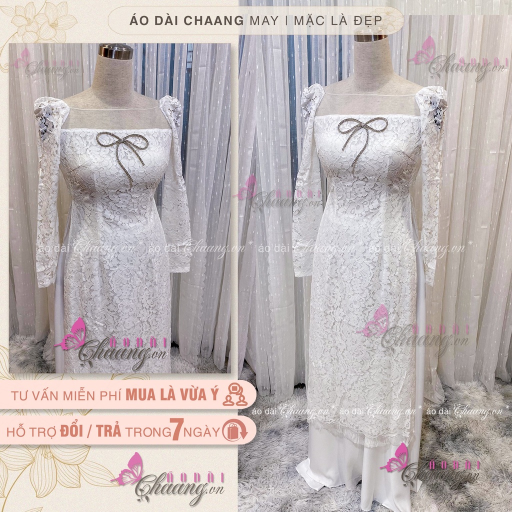 Áo Dài Đỏ Cách Tân Nữ Ren Phủ 4 Tao Cấp Cổ Voon Vuông Trễ Tay Vai Bồng Dài Dự Tiệc Lễ Tết Đẹp