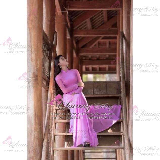 Áo dài truyền thống tím hoa cà hồng Chaang May sẵn lụa 4 tà đẹp co giãn thấm hút tốt