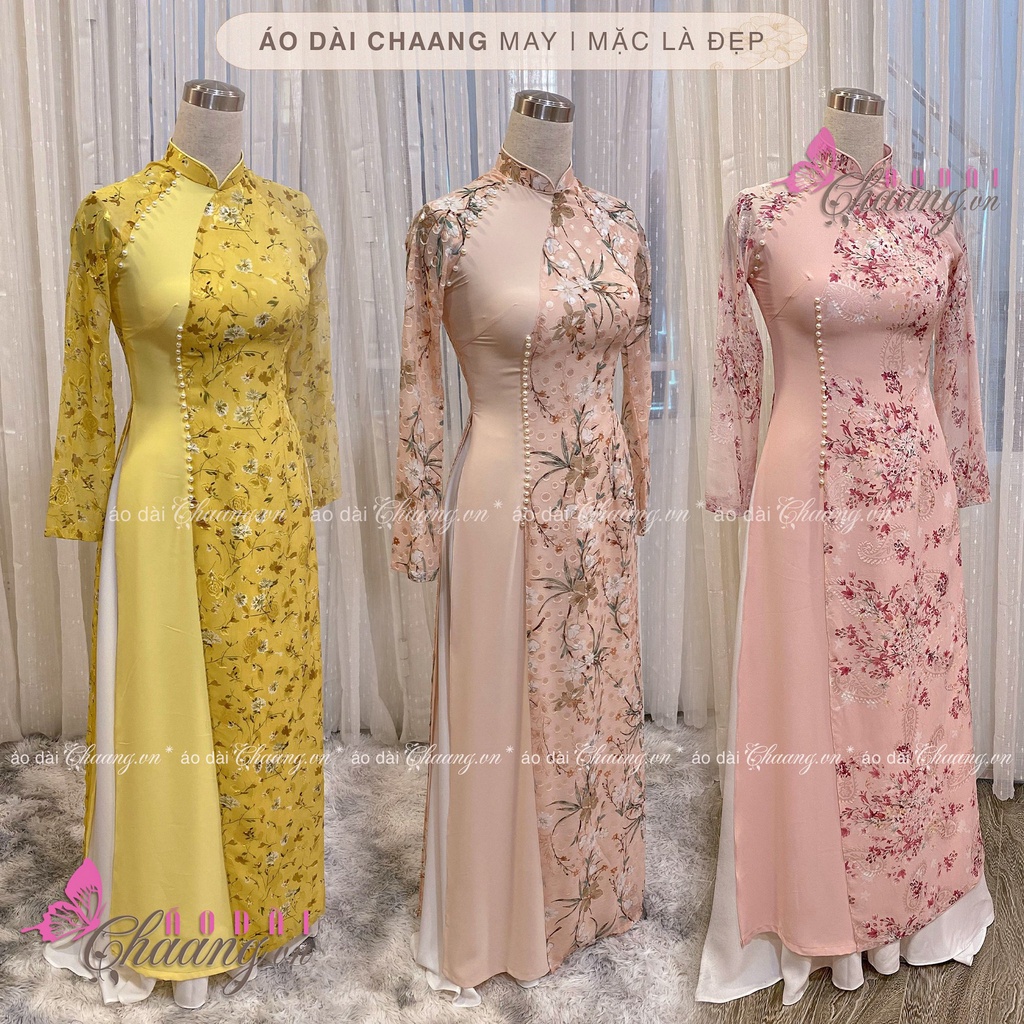 Áo dài hoa nhí 4 tà truyền thống may sẵn áo dài đẹp đính đá ngọc cao cấp