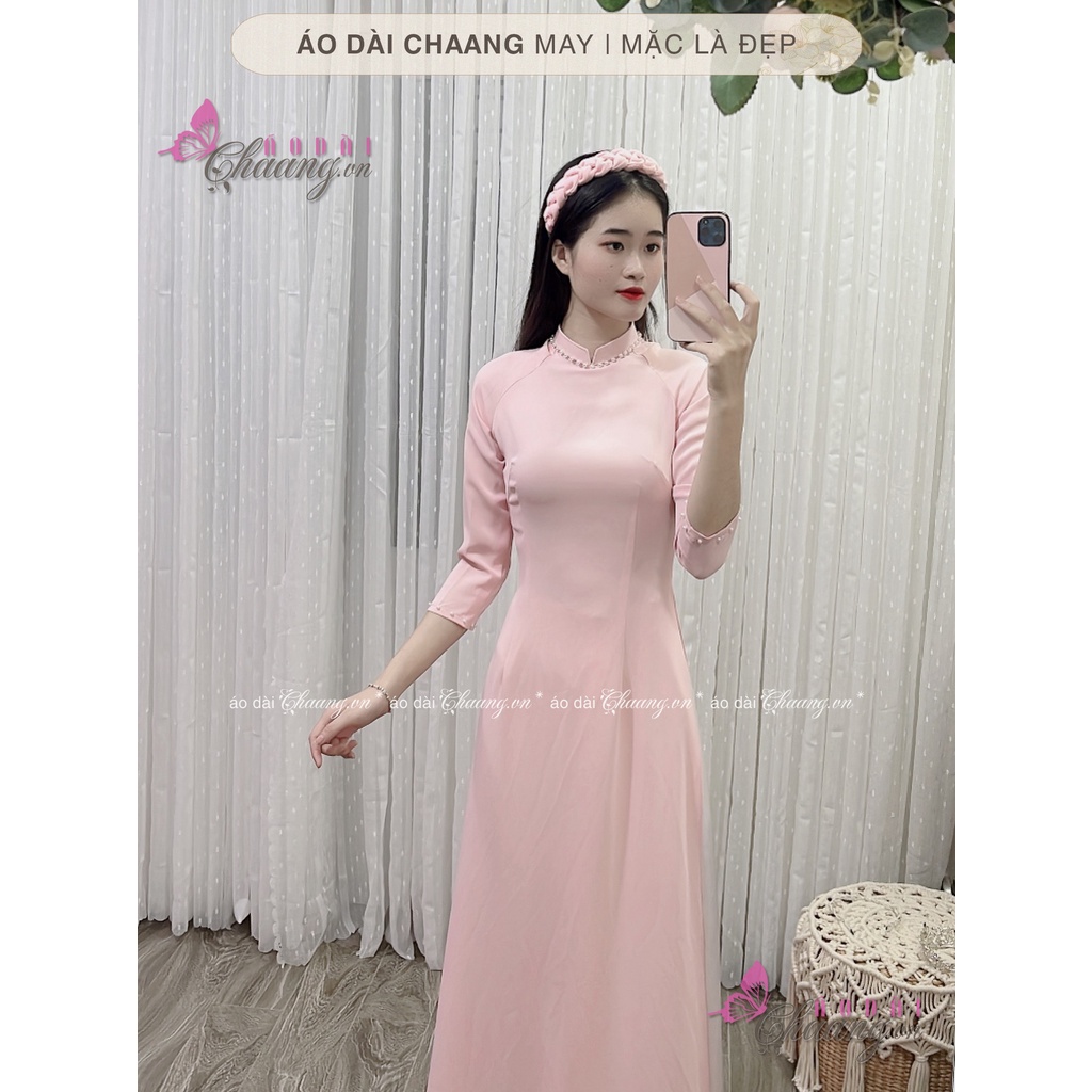 Áo dài truyền thống màu hồng Chaang May sẵn kiểu áo cổ vuông tay lỡ vải lụa tằm dự tiệc lễ tết đẹp
