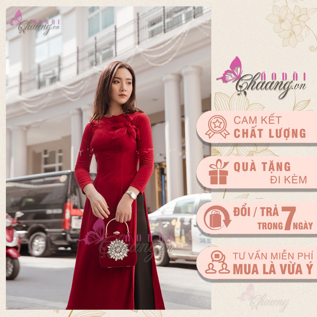 Áo dài nhung cổ tròn CHAANG May sẵn Áo dài nhung sang trọng, vải áo dài nhung đỏ sang trọng