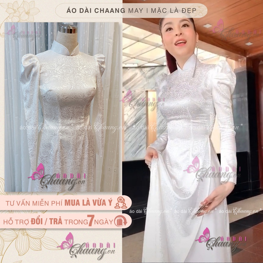 Áo dài gấm xoán ốc thiết kế cổ cao tay phồng dài truyền thống họa tiết đẹp