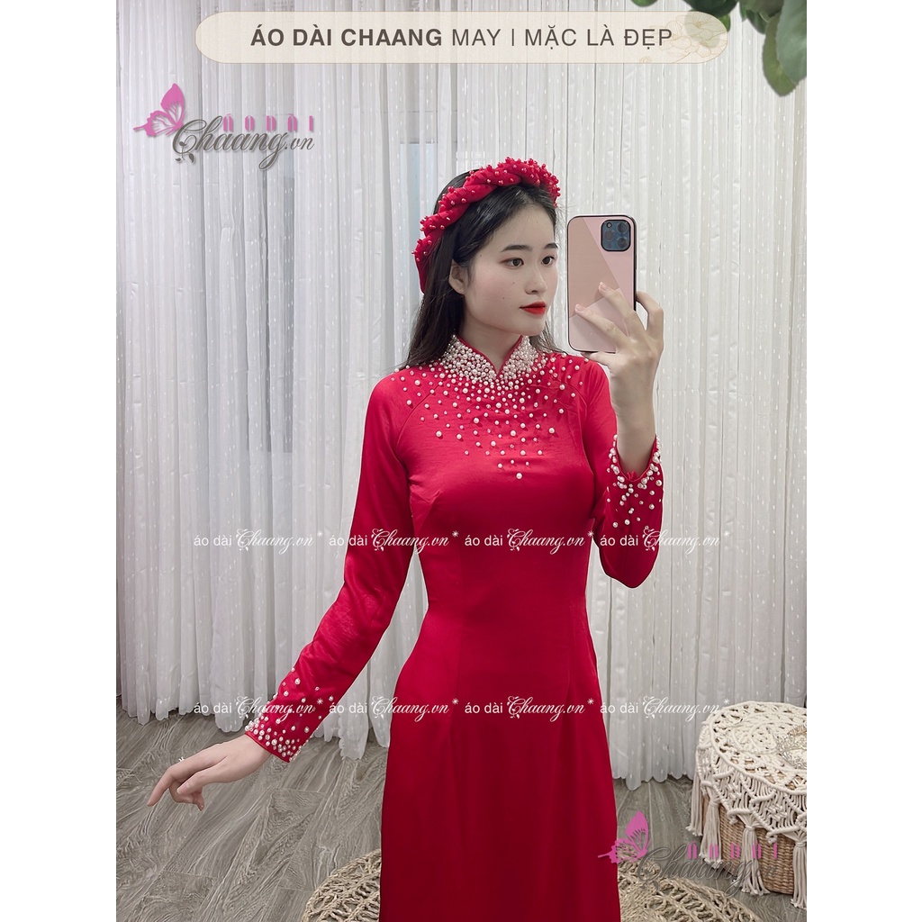 Áo Dài Cưới Cô Dâu Truyền Thống CHAANG May Thiết Kế 4 Tà Lụa Đính Tủa Ngọc Đẹp ADC422