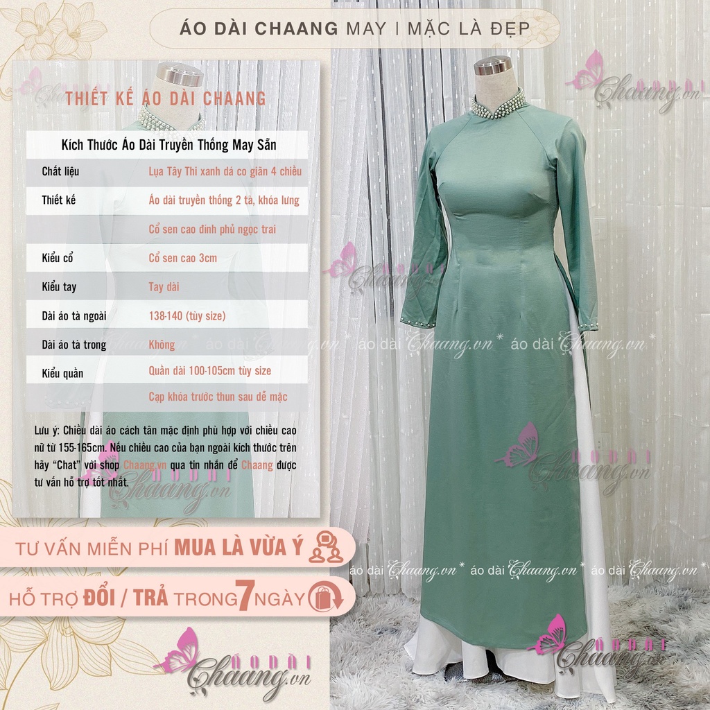 Áo Dài Lụa Xanh Đính Đá Ngọc Đẹp May Sẵn Lua Tây Thi Đẹp ADX021