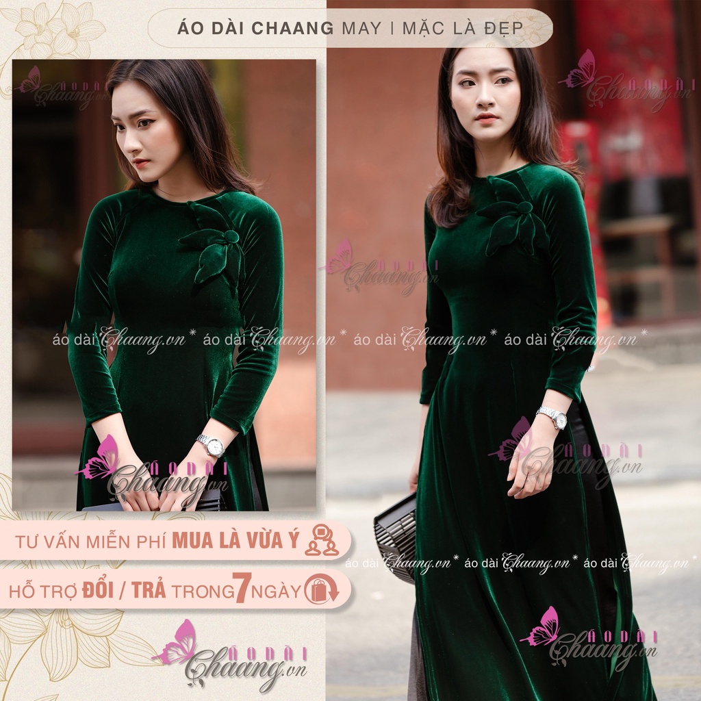 Áo dài nhung cổ tròn CHAANG May sẵn Áo dài nhung sang trọng, vải áo dài nhung đỏ sang trọng